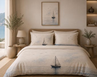 Set copripiumino in cotone con motivo barca a vela — Camera da letto nautica in stile costiero - Solen
