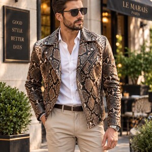 Leren herenjas | Echte leren bikerjas | Motorjas met pythonprint | Luxe rockjas | Op maat gemaakt