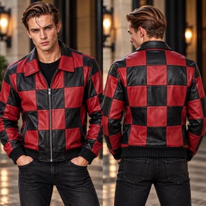 Red Black Checkerboard Leather Jacket, Men’s Patchwork Biker Jacket, Vintage Racing Jacket, Streetwear Motorcycle Jacket, Gift for Him