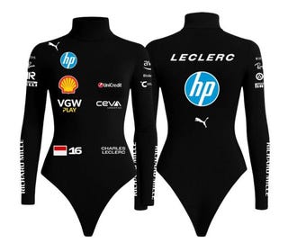 Women's Racing Inspired Bodysuit Black Motorsport Jumpsuit Long Sleeve Racing Stretch Bodysuit