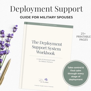 Może przedstawiać: Podręcznik zatytułowany "The Deployment Support System Workbook" z tekstem "Guide for Military Spouses". Okładka jest biała z zielonymi akcentami i zawiera tekst "25+ Printable Pages". Widoczne są dodatkowe strony z tekstem i kwiatowym wzorem.