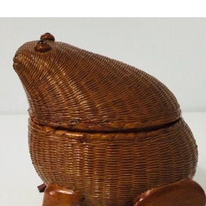 May include: A brown woven lidded container shaped like a frog. The body is constructed from fine, tightly woven natural fibres, while the head, front legs, and back legs are crafted from smooth, polished dark brown wood with carved details.