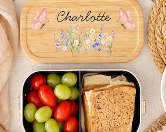 Brotdose Edelstahl 700 ml, Kindergarten, Schule, personalisiert, Blumen, Schmetterling, een Trennwand