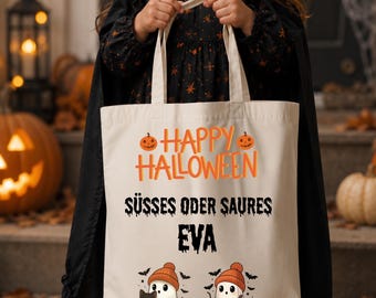 Halloween Sammeltasche für Jungen und Mädchen, Gespenst, Süsses oder Saueres, Korb, sammeln, personalisiert, Jutetasche, Süssigkeitentüte
