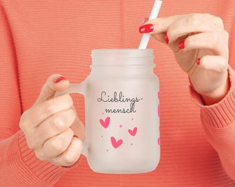 Glas mit Deckel und Strohhalm, Mama, Lieblingsmensch, Softdrinks, persönliche Nachricht, Geschenk, Herzensmensch, Milchglas, Herzen