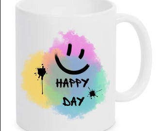 HAPPY DAY Tasse, Keramik, klassischer C-förmige Henkel, fröhlich, bunt, Pastelfarben, Graffiti, gute Laune