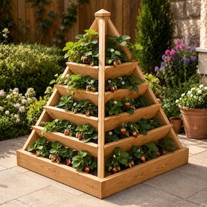 May include: A tiered, pyramid-shaped wooden planter box with four levels of planting space. The structure is constructed from light brown wood planks and is filled with green strawberry plants, featuring small white flowers and red strawberries.