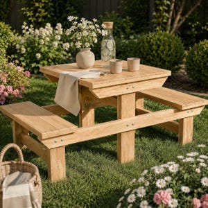 May include: A light-colored wooden picnic table with attached benches, set on a grassy lawn. The table is topped with a vase of white flowers, a water bottle, two small cups, and a folded beige cloth. A wicker basket sits in the foreground.