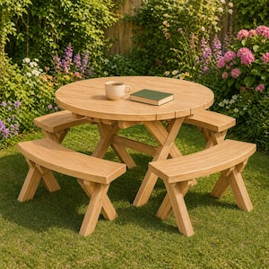 May include: A round wooden picnic table with attached benches. A cup of coffee and a book rest on the table's surface. The table and benches are made of light-colored wood and sit on a grassy lawn, surrounded by flowers.