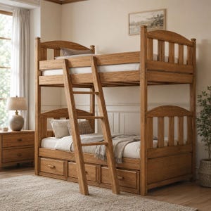 May include: A wooden bunk bed with a natural finish, featuring a slatted headboard and footboard design on both levels. An attached ladder provides access to the top bunk, while three integrated storage drawers are located beneath the bottom bed.