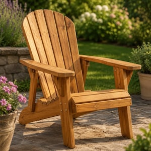 Op de afbeelding: Een Adirondack-stoel van natuurlijk hout met een gebogen, lattenvormige rugleuning, brede platte armleuningen en een schuine zitting. De stoel is geconstrueerd met zichtbare metalen hardware die het frame, de poten en de rugpanelen met elkaar verbindt.