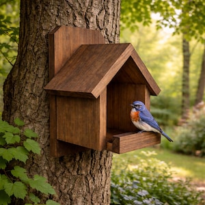 Könnte beinhalten: Ein dunkelbraunes Vogelhaus mit Satteldach ist an einem Baum befestigt. Ein Blaufasan mit orangefarbener Brust sitzt auf der Fensterbank des Vogelhauses. Der Hintergrund zeigt eine verschwommene Ansicht eines Waldes. Für den Garten.