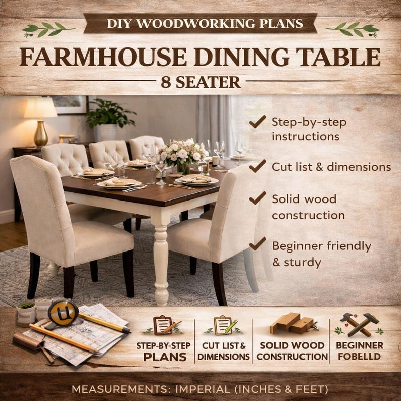 Farmhouse Table Plan | 8 Seater DIY Farmhouse | (PDF Download) - Etsy