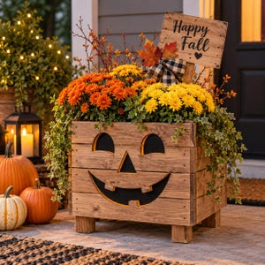 Peut inclure: Une jardinière en bois en forme de citrouille d'Halloween avec un visage sculpté, remplie de chrysanthèmes orange et jaunes et de lierre. Un panneau en bois indique Happy Fall avec un cœur et un nœud à carreaux noir et blanc.