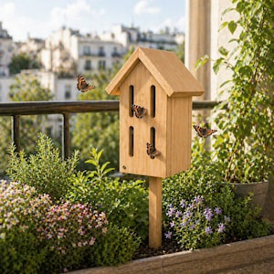 May include: A wooden butterfly house with a pitched roof and vertical slots for entry. Several butterflies are perched on the house or flying nearby. The house is mounted on a wooden post and surrounded by greenery.