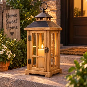 Puede incluir: Un farol rectangular de madera con techo de metal oscuro y un asa circular en la parte superior. El farol cuenta con paneles de cristal, una puerta con bisagras y pestillo metálico, y una vela de pilar blanca que emite una luz cálida.