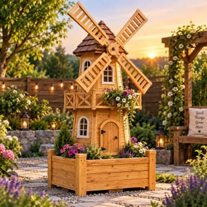 Puede incluir: Una jardinera de madera con forma de molino de viento, base cuadrada, torre central con puerta arqueada y ventanas, y aspas giratorias. La estructura está decorada con flores blancas y moradas en un balcón y en la base del molino.