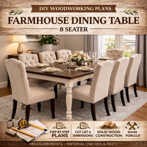 May include: Farmhouse dining table with eight seats. The table has a dark brown top and white legs. Beige upholstered chairs surround the table. The image includes text that says "DIY Woodworking Plans" and "Farmhouse Dining Table - 8 Seater".