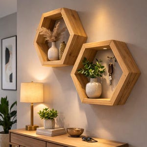 Puede incluir: Dos estantes hexagonales de madera montados en la pared, cada uno con objetos decorativos. Uno muestra un jarrón blanco con flores secas y un jarrón dorado. El otro tiene una pequeña planta y llaves.