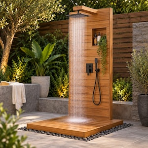 May include: An outdoor shower unit featuring a vertical wooden panel with horizontal slats, a square black rainfall showerhead, a handheld shower attachment, and a built-in recessed shelf. Water flows from the overhead showerhead onto a wooden base.