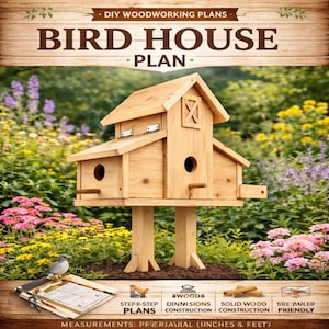 May include: A wooden birdhouse plan with the text "DIY WOODWORKING PLANS BIRD HOUSE PLAN". The birdhouse is made of light-colored wood, featuring two circular entry holes and a small perch. The plan includes measurements in inches and feet.