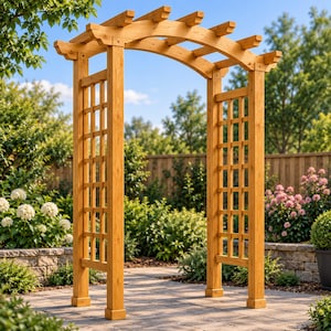 May include: A light brown wooden garden arbor featuring a curved top arch and two side panels with a square lattice grid design. The structure is constructed from vertical posts and horizontal beams, creating an open entryway for outdoor spaces.