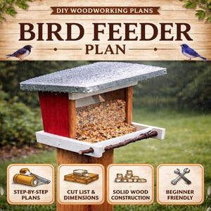 May include: A wooden bird feeder plan with the text "BIRD FEEDER PLAN". The feeder has a red back, a silver roof, and a white base. The image includes icons for step-by-step plans, cut lists, solid wood construction, and beginner-friendly instructions.