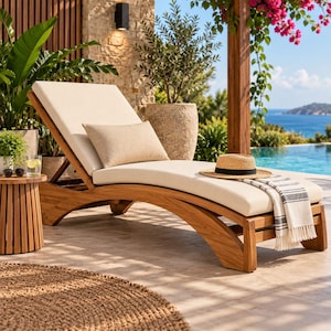 Puede incluir: Una tumbona de madera curvada con un cojín grueso de color blanco roto y una almohada lumbar rectangular. Un sombrero de paja con una banda negra y una manta a rayas blancas y negras descansan sobre el asiento. La silla está sobre un patio de piedra.
