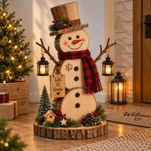 Puede incluir: Un muñeco de nieve decorativo hecho de tres rodajas de madera apiladas, con un sombrero de copa de madera con piñas y bayas. Tiene una bufanda de cuadros rojos y negros, brazos de rama que sostienen dos farolillos negros y un cartel Let It Snow.
