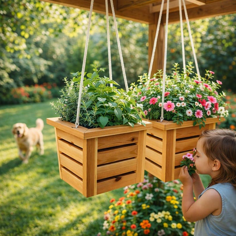 DIY Hanging Wooden Planter Box Plan: Vertical Garden & Floating Herb ...