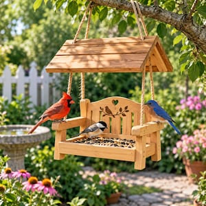 May include: A wooden bird feeder shaped like a hanging bench with a roof, featuring a heart cutout and a bird silhouette on the backrest. A red cardinal, a black-capped chickadee, and a bluebird are perched on the feeder eating seeds.