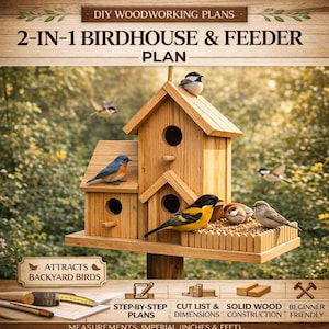 Plano para casita y comedero para pájaros 2 en 1 / PDF para construir un hotel para pájaros de varias habitaciones