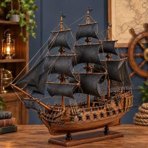 Peut inclure: Un modèle réduit de navire en bois avec une coque brune à plusieurs ponts, des voiles en tissu noir et un gréement complexe. Le navire est monté sur un socle rectangulaire en bois et comporte de petits canons sur les côtés et une ancre.