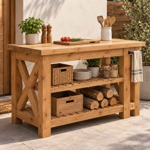 May include: A rectangular wooden kitchen island with a natural finish, featuring an X-frame side design, two open shelves, and a side towel bar. The top holds a potted basil plant, wooden salt and pepper shakers, and a cutting board with tomatoes.