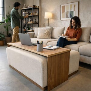 May include: A contemporary ottoman with a wooden top and frame, holding a laptop, pencils, and a notebook. The ottoman is upholstered in a light beige fabric. A person is seated on a beige sectional sofa, writing in a notebook. Another person is in the background.