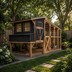 May include: A wooden chicken coop featuring a black painted enclosed nesting area with two windows and a door, attached to a large open-air run enclosed by wire mesh. The structure is elevated on wooden posts and includes a slanted roof design.