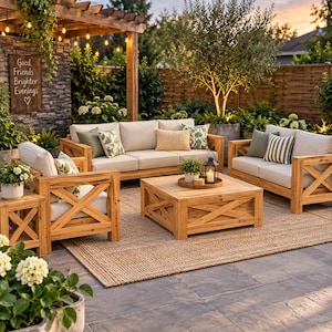 May include: A patio furniture set featuring a three-seat sofa, a two-seat sofa, an armchair, and a square coffee table, all crafted from light brown wood with X-shaped side supports and beige cushions, accented by green and white patterned pillows.
