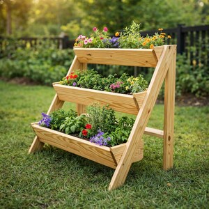 Peut inclure: Un jardinière en bois à trois niveaux remplie de fleurs et de verdure colorées. La jardinière est en bois clair et a une conception en forme de A. Les fleurs comprennent des fleurs roses, violettes, rouges et jaunes, créant un affichage vibrant.