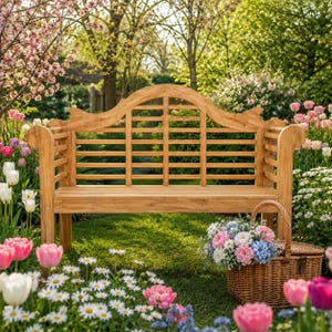 Puede incluir: Un banco de jardín de madera de color marrón claro con un respaldo alto y arqueado con un diseño de listones horizontales, reposabrazos curvos y un asiento de listones, situado al aire libre en un jardín con flores y una cesta de mimbre.
