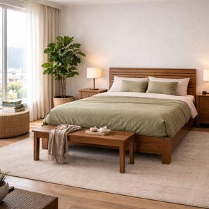 May include: A bedroom scene featuring a wooden bed frame with a slatted headboard, dressed with sage green bedding and pillows. A matching bench sits at the foot of the bed, and a woven ottoman and potted plant add to the room's decor. Two bedside lamps provide soft lighting.