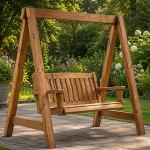 May include: A brown wooden garden swing suspended by black metal chains from an A-frame stand. The swing features a slatted backrest and seat with armrests on both sides. The structure is constructed from sturdy timber beams with visible metal hardware.