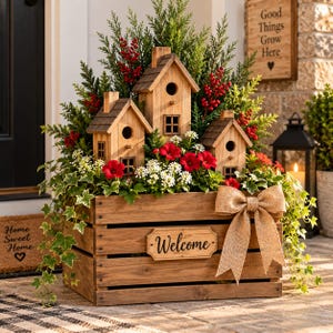 May include: A wooden crate planter featuring three small birdhouses, green foliage, red berries, and white flowers. The front of the crate displays a plaque with the word "Welcome" and a large hessian bow. The arrangement is set in a rustic style.