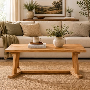 May include: A rectangular light brown wooden coffee table with a trestle base. On the table sits a small brown wooden tray, a light-colored ceramic mug, and two stacked books with the titles This Is Home and Live Beautifully on the spines.
