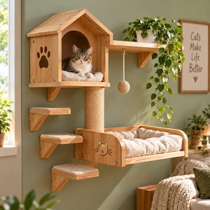 May include: A wall-mounted wooden cat activity center featuring a house-shaped cubby with a paw-print cutout, a sisal-wrapped scratching post, three stepped platforms, and a cushioned lounge bed with a cat face graphic and a hanging toy.
