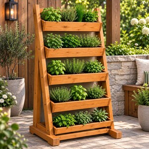 May include: A vertical wooden garden planter with five tiered shelves, each containing various green herbs. The structure features an A-frame design with light brown wood grain, providing multiple levels for planting in a patio or outdoor setting.