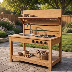 May include: A wooden play kitchen featuring a sink with a metal faucet, four black stove burners, and four black control knobs. The unit includes an upper shelf with two small bowls, and a lower shelf holding a woven basket and wooden utensils.
