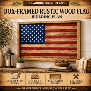 May include: A digital document titled DIY WOODWORKING PLANS BOX-FRAMED RUSTIC WOOD FLAG BUILDING PLAN. It features a graphic of a wooden American flag with red, white, and blue stripes and stars, framed in wood, with icons for step-by-step plans.