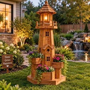 May include: A wooden lighthouse-shaped garden planter featuring a tiered structure with multiple built-in flower boxes filled with purple and pink flowers. The structure includes a small roofed section, a lantern top with a light, and a railing.