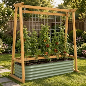 Op de afbeelding: Een rechthoekige verhoogde tuinbak van gegolfd saliegroen metaal met een hoog houten A-vormig klimrek. Een zilverkleurig draadraster hangt aan de bovenste houten balk en ondersteunt vier groene tomatenplanten met kleine rode tomaten.