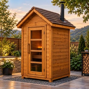 Puede incluir: Una pequeña sauna exterior rectangular construida con tablones de madera de color marrón claro. Cuenta con un techo a dos aguas con tejas oscuras, una chimenea negra y una puerta individual con cuatro paneles de vidrio horizontales. El interior muestra bancos de madera.